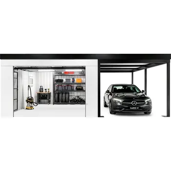 Přístřešek na auto GARDEON® Garáž s vraty Hörmann, oknem a pravým přístřeškem 4 m x 5 m