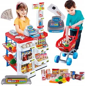 Hra na obchod VELKÝ SUPERMARKET PRO DĚTI S POKLADNOU, VÁHOU A NÁKUPNÍM VOZÍKEM