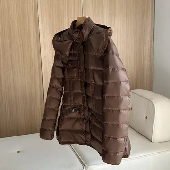 Dámská parka Zimní dámská bunda – péřová, kapuce, elegantní Barva: Kávová, Velikost: L