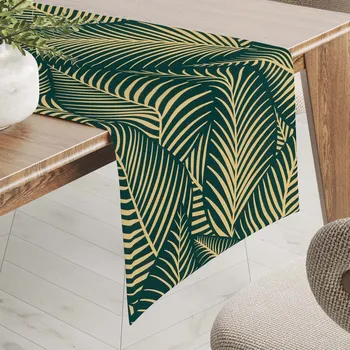 ubrus Bavlněný běhoun na stůl Sandra SA-569 Velké béžové listy na zeleném 35x120 cm
