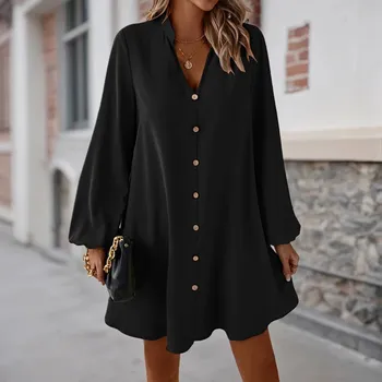 Dámské šaty Volné košilové šaty pro ženy – jednoduchý letní model Barva: Černá, Velikost: S