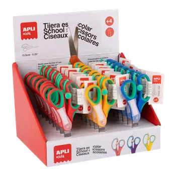 Kancelářské nůžky APLI školní nůžky se jmenovkou, 13,5 cm, 24 ks, asymetrické, displej, mix barev