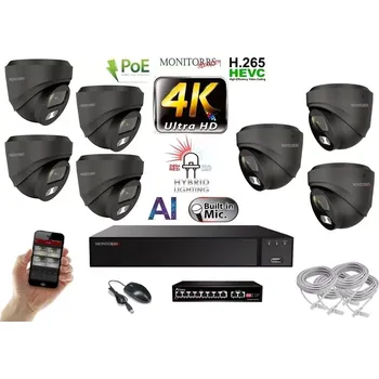 Kompletní kamerový systém MS AI Hybrid Light IP 7 kamerový set se switchem 8 Mpix GDome (6482K7B) (Monitorrs Security)