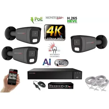 Kompletní kamerový systém MS AI Hybrid Light IP 3 kamerový set se switchem 8 Mpix GTube (6483K3B) (Monitorrs Security)