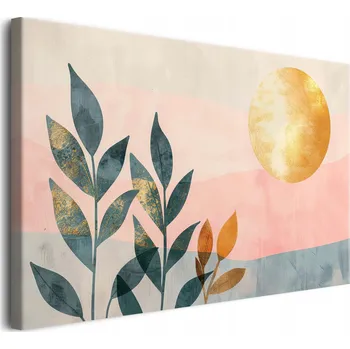 Obraz Abstraktní Krajina na Plátně Příroda Obraz v růžové, zelené a zlaté barvě boho