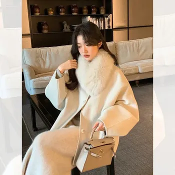 Dámský kabát Dámský kašmírový kabát – vlna, límec z pravé lišky Velikost: L, Barva (Varianta): Beige fur collar