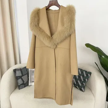 Dámský kabát Vlněný kabát s kožešinou – volný střih, streetwear styl Barva: Khaki, Velikost: S