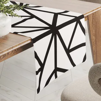 ubrus Bavlněný běhoun na stůl Sandra SA-577 Černé geometrické vzory na bílém 20x140 cm