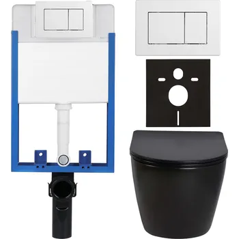 WC sada CERANO - Kompletní podomítkový WC set Lite/Verde - černá lesklá - WC tlačítko Classic, bílé - k zazdění - 49x36 cm