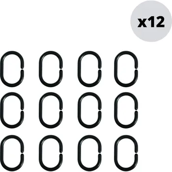 Sprchový závěs MSV sada 12 ks kroužků na sprchové závěsy, černá, polypropylen, 5,8 x 3,8 cm