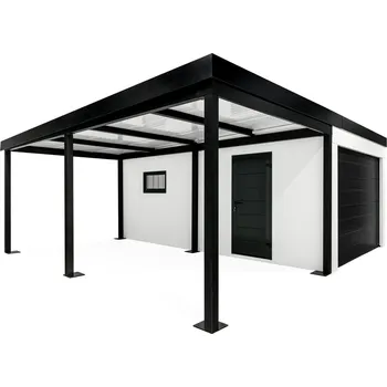 Přístřešek na auto GARDEON® Garáž s vraty Hörmann, oknem a levým přístřeškem 3,5 m x 7 m