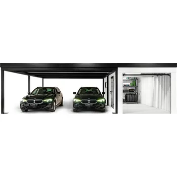 Přístřešek na auto GARDEON® Garáž s vraty Hörmann, oknem a levým přístřeškem 3 m x 5 m