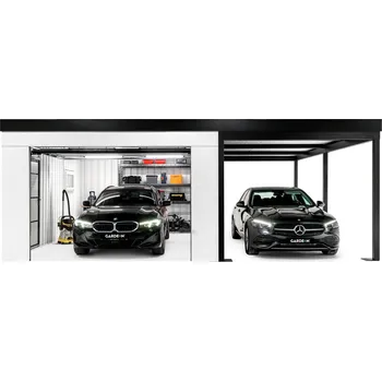 Přístřešek na auto GARDEON® Garáž s vraty Hörmann, oknem a pravým přístřeškem 4 m x 6 m