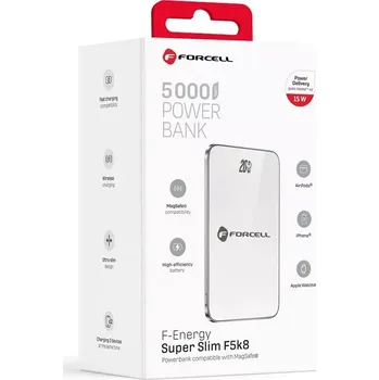 Powerbanka Powerbanka Forcell F-Energy F5K8 MagSafe 5 000 mAh - bílá (Bezdrátová powerbanka Forcell F-Energy SuperSlim F5k8 - 5000 mAh, MagSafe, PD3.0, QC4.0, bílá, LED displej)