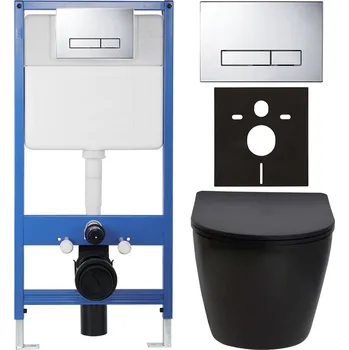 WC sada CERANO - Kompletní podomítkový WC set Lite/Verde - černá matná - WC tlačítko Slim, chrom - předstěnová instalace/sádrokarton - 49x36 cm