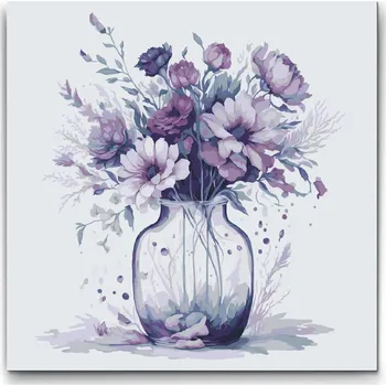 Malování podle čísel - Fialové květy ve skleněné váze Velikost: 50x50cm, Rámování: Pouze srolované plátno