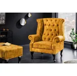 Křeslo ušák CHESTERFIELD starožitný vzhled sametově hořčicově žluté