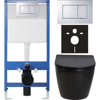 WC sada CERANO - Kompletní podomítkový WC set Lite/Verde - černá lesklá - WC tlačítko Classic, chrom - předstěnová instalace/sádrokarton - 49x36 cm