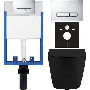 WC sada CERANO - Kompletní podomítkový WC set Lite/Cesso - černá matná - WC tlačítko Slim, chrom - k zazdění - 49x36 cm