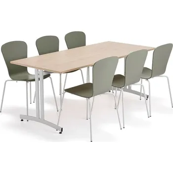 Jídelní set Sestava nábytku SANNA + MILLA, 1 stůl, 6 židlí, bílá/olivově zelená