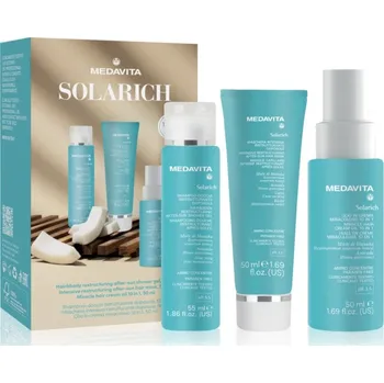 Přípravek po opalování Medavita Solarich Medavita Solarich Hair&Body Restructuring After-Sun Shower Gel sprchový gel na tělo a vlasy 55 ml + Medavita Solarich Intensive Restructuring After-Sun Hair Mask hydratační maska na vlasy 50 ml + Medavita Solarich Sunshine Summer Hair&Bo