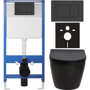 WC sada CERANO - Kompletní podomítkový WC set Lite/Verde - černá matná - WC tlačítko Classic, černé matné - předstěnová instalace/sádrokarton - 49x36 cm