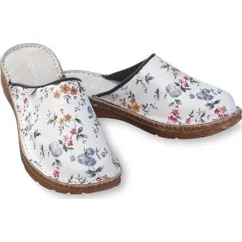 Dámské pantofle Wooline Dámské kožené pantofle bílé s květy, plná špička 38