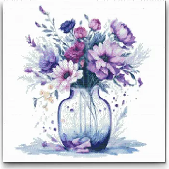 Diamantové malování Diamantové malování - Fialové květy ve skleněné váze Velikost: 30x30cm, Rámování: Pouze srolované plátno, Diamanty: Čtvercové