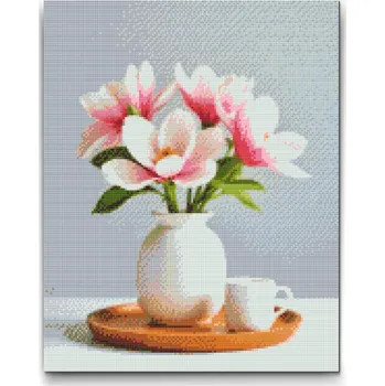 Diamantové malování Diamantové malování - Květy magnolie ve váze Velikost: 30x40cm, Rámování: Pouze srolované plátno, Diamanty: Čtvercové