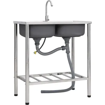 OMAXI Kempingový dřez dvojitý s baterií nerezová ocel 647868