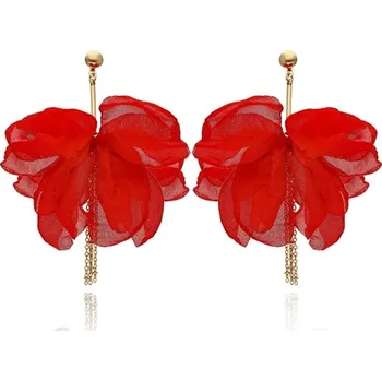 Náušnice Yvon Červené květinové náušnice z textilu - lehkost hedvábí a okouzlující objem