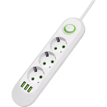 Elektrická zásuvka Prodlužovací kabel EU 2m 3AC 2500W se zásuvkou a 3× USB A 2.1A Síťový filtr 5V vypínač s kontrolkou Kancelářská elektrická zásuvka adaptér bílá