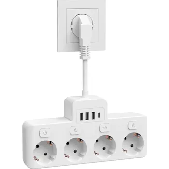 Elektrická zásuvka EU adaptér s 4 zásuvkami, 2x USB A + USB C, prodlužovací kabel 16A 3840W, rychlé nabíjení, individuální spínače, ochrana proti přetížení bílá