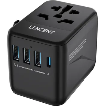 Univerzální cestovní adaptér s výstupem USB a USB-C AC/DC EU UK USA AUS Zásuvka do sítě 2500W 100–250V Nabíječka pro mezinárodní použití černá