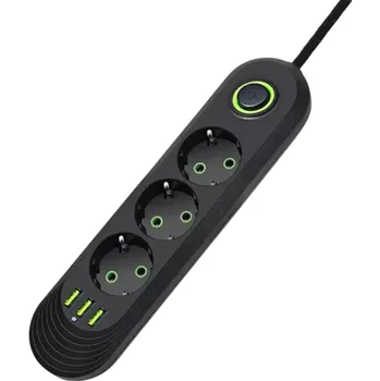 Elektrická zásuvka Prodlužovací kabel EU 2m 3AC 2500W se zásuvkou a 3× USB A 2.1A Síťový filtr 5V vypínač s kontrolkou Kancelářská elektrická zásuvka adaptér černá