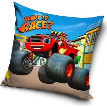 Polštář Dětský povlak na polštářek PLAMÍNEK A ČTYŘKOLÁCI ZÁVOD ZAČÍNÁ, modrý, 40x40cm