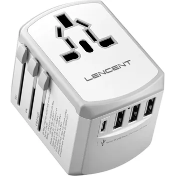 Univerzální cestovní adaptér 8,9 x 6,3 x 6,3 cm Nabíječka 100–240V 3× USB a 1× USB-C Port EU UK USA AUS Zásuvka 8A 1920W Cestování