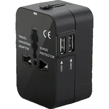 Elektrická zásuvka EU univerzální cestovní adaptér s EU zástrčkou a zásuvkou, USB A porty, AC napájecí adaptér s ochranou, bezpečnostním krytem a uzamykáním