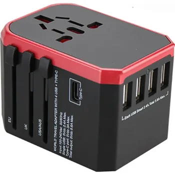 Cestovní chytrý adaptér do zásuvky s USB, USB-C a AC EU UK US AU Univerzální nabíječka do sítě pro mezinárodní použití červená