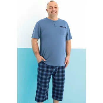 Pánské pyžamo Modré i kárované pánské pyžamo s krátkým rukávem a delšími kraťasy s knoflíky u krku 1P1955 modrá 3xl