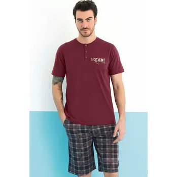 Vínové a šedě kárované pánské pyžamo s krátkým rukávem a kraťasy - NOTHING 1P1966 vínová xl