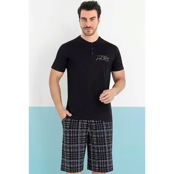 Pánské pyžamo Modré i kárované pánské pyžamo s krátkým rukávem a kraťasy s knoflíky u krku - Prostě se uvolni 1P1961 modrá xl