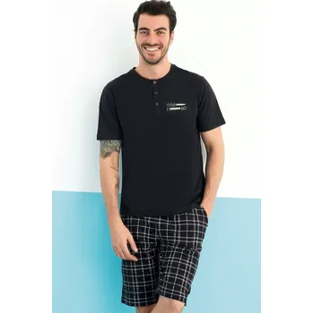 Pánské pyžamo Tmavě modré pánské pyžamo s krátkým rukávem a kraťasy s knoflíky u krku 1P1962 modrá L