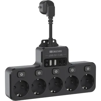 Elektrická zásuvka EU adaptér s 5 zásuvkami, USB A + USB C, prodlužovací kabel 16A 3840W, rychlé nabíjení, individuální spínače, ochrana proti přetížení černá