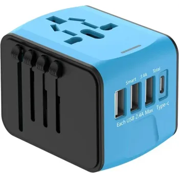 Univerzální napájecí adaptér 100–240 V AC 6A Cestovní zásuvka UK EU AU US 3× USB port 1× USB-C Kompaktní 5×5×6,4 cm Nabíječka do sítě