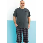 Šedé a šedě kárované pánské pyžamo s krátkým rukávem a delšími kraťasy s knoflíky u krku 1P1968 šedá 4xl