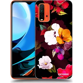 Pouzdro na mobilní telefon Picasee silikonový černý obal pro Xiaomi Redmi 9T - Flowers and Berries