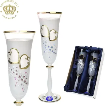 Sklenice Novoborské sklo Bohemia Kalíšky 190 ml flétny svatební - vysoký smalt dvojsrdce - sada 2 ks