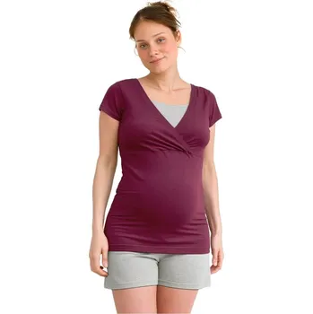 Těhotenské noční prádlo Těhotenské a kojicí pyžamo, krátké, cyklámen + šedý melír L/XL