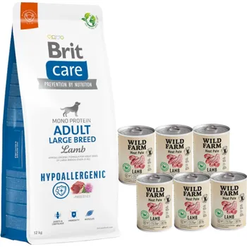 Volný čas BRIT CARE Dog Hypoallergenic Adult Large Breed Lamb 12kg + Wild Farm Pate Lamb 6x400g bezlepkové krmivo pro psy